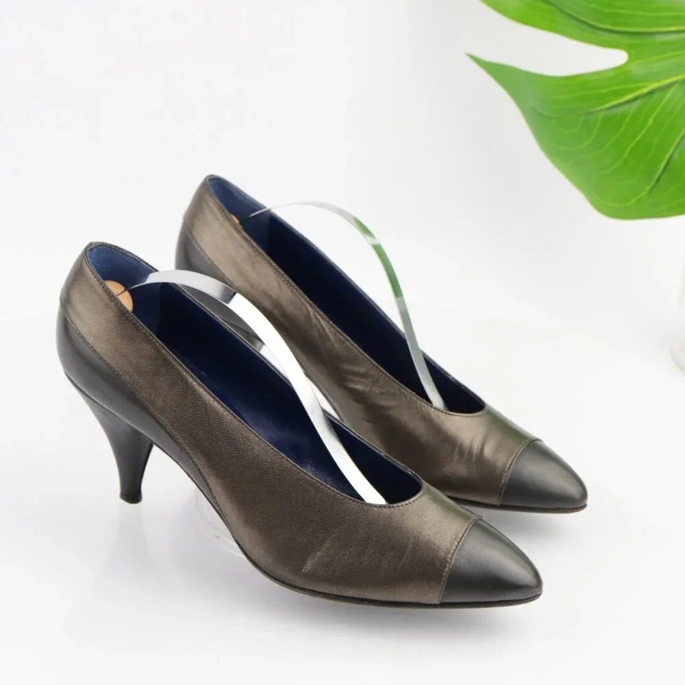 Vintage Oscar de la Renta‎ Womens Pump Size 7.5 Bronze Leather Cone Heel Shoes